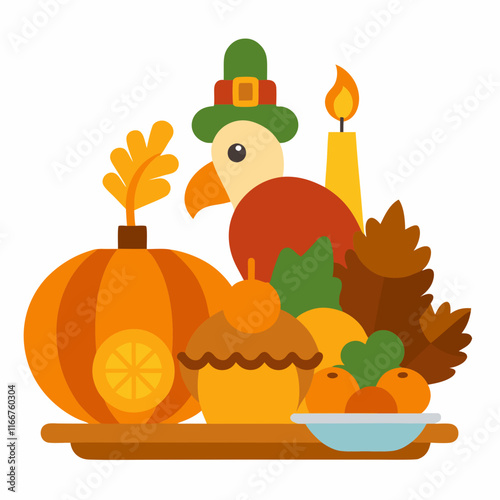 Thanksgiving Feast: Turkey, Cornucopia, and Pilgrim Symbols Photo photo