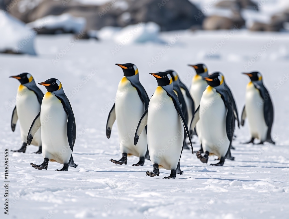 Fototapeta premium Group of penguins walking in snowy landscape in antarctica scenery