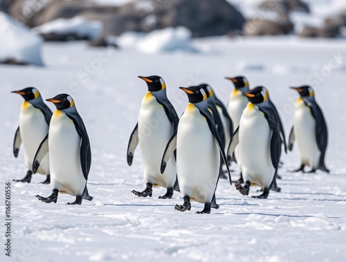 Group of penguins walking in snowy landscape in antarctica scenery