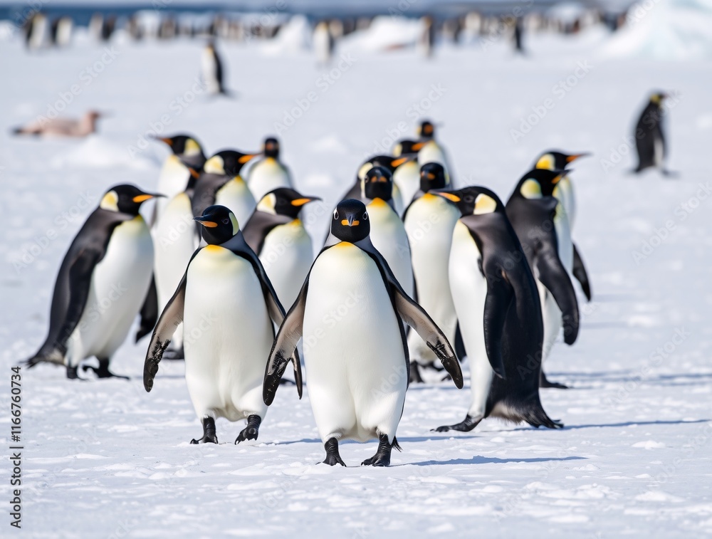Obraz premium Group of penguins walking in snowy landscape in antarctica scenery