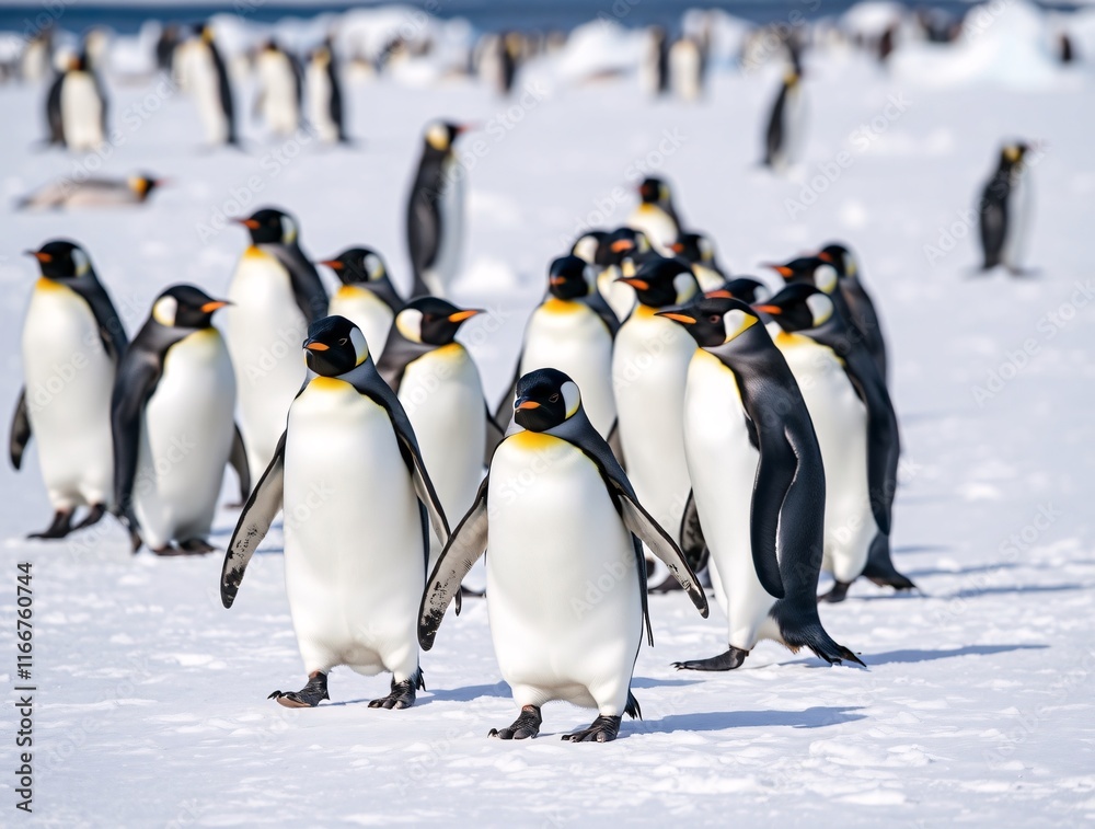 Obraz premium Group of penguins walking in snowy landscape in antarctica scenery