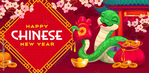 Cartoon snake character with golden coins for Chinese Lunar New Year holiday, vecor banner. Happy Chinese New Year greeting card with funny snake and red purse with gold coins, sycee and tangerines