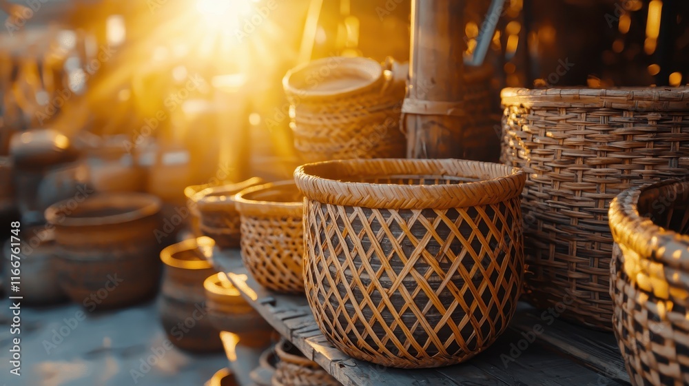 Handcrafted wicker baskets displayed on rustic wooden table at sunset Handcrafted wicker baskets displayed on rustic wooden table at sunset