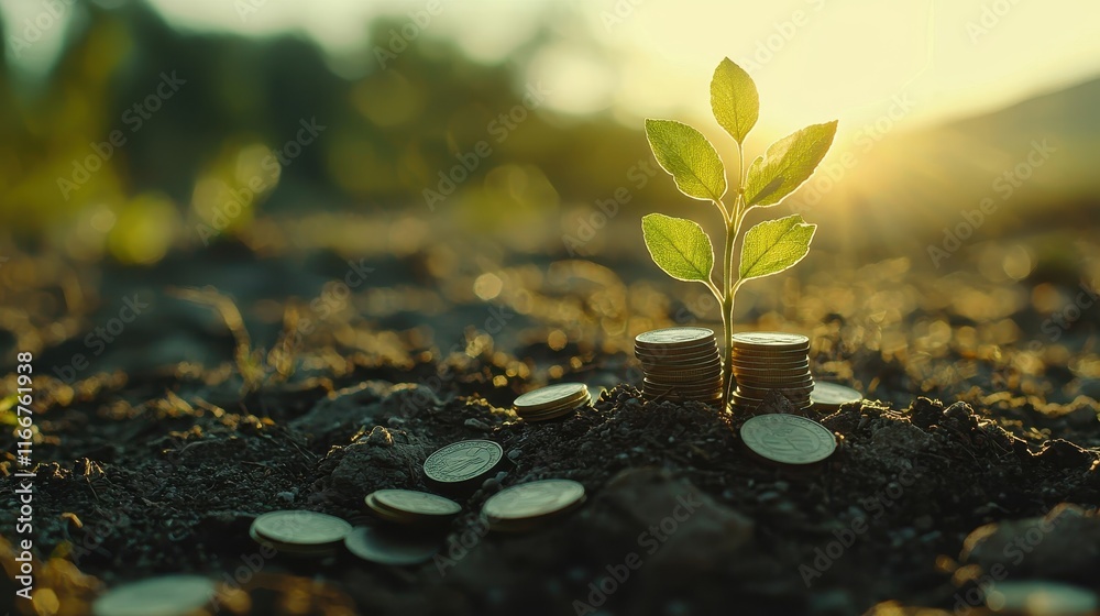 Seedling growing from coins symbolizing financial growth and sustainability Seedling growing from coins symbolizing financial growth and sustainability