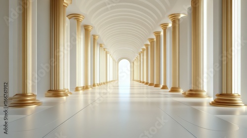 A long, narrow hallway with gold pillars and white walls