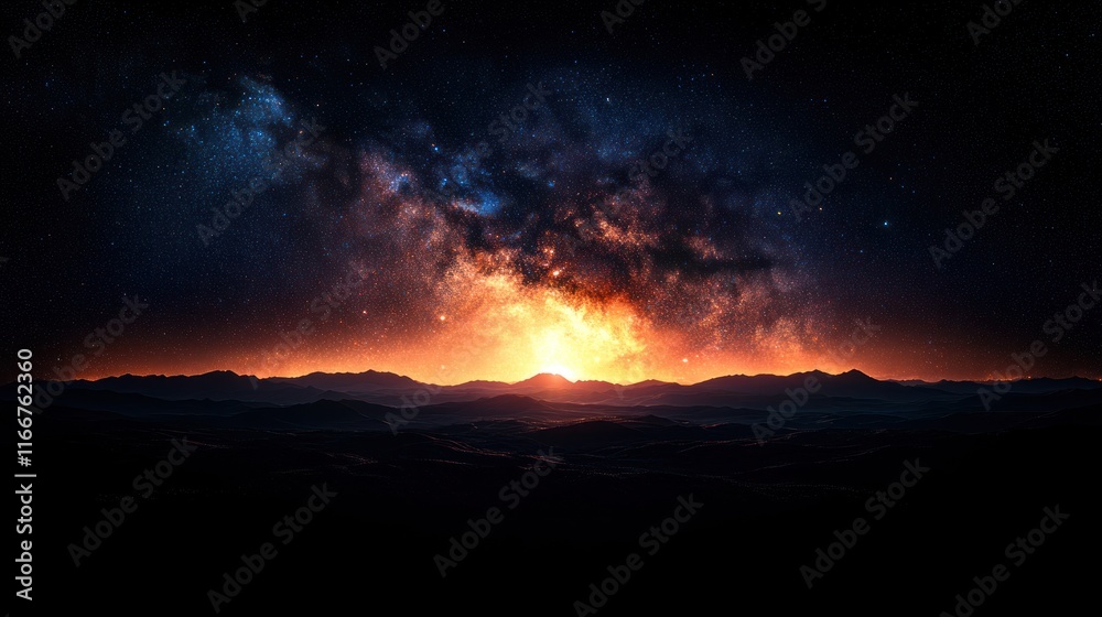 Fiery sunset over mountains, Milky Way in night sky. Fiery sunset over mountains, Milky Way in night sky.