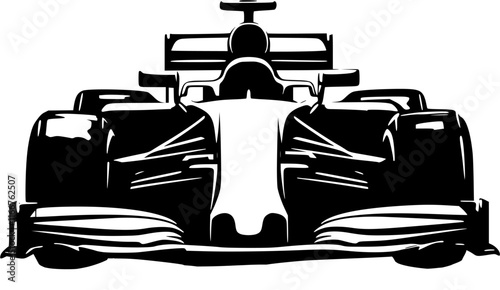 Front view of a black formula 1 car illustration isolated on a transparent background.