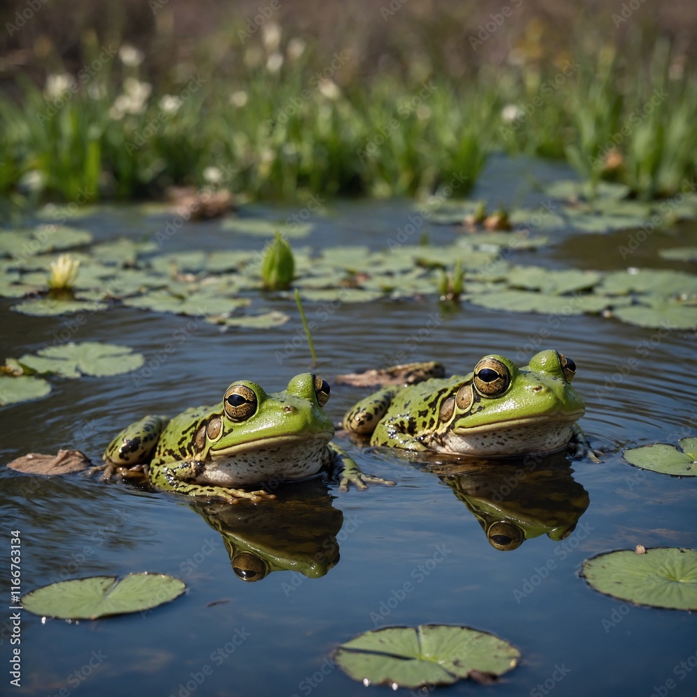Photograph frogs croaking in a springtime pond. Photograph frogs croaking in a springtime pond.