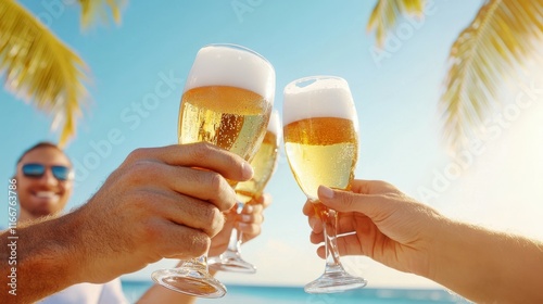 Three people are holding up glasses of beer on a beach