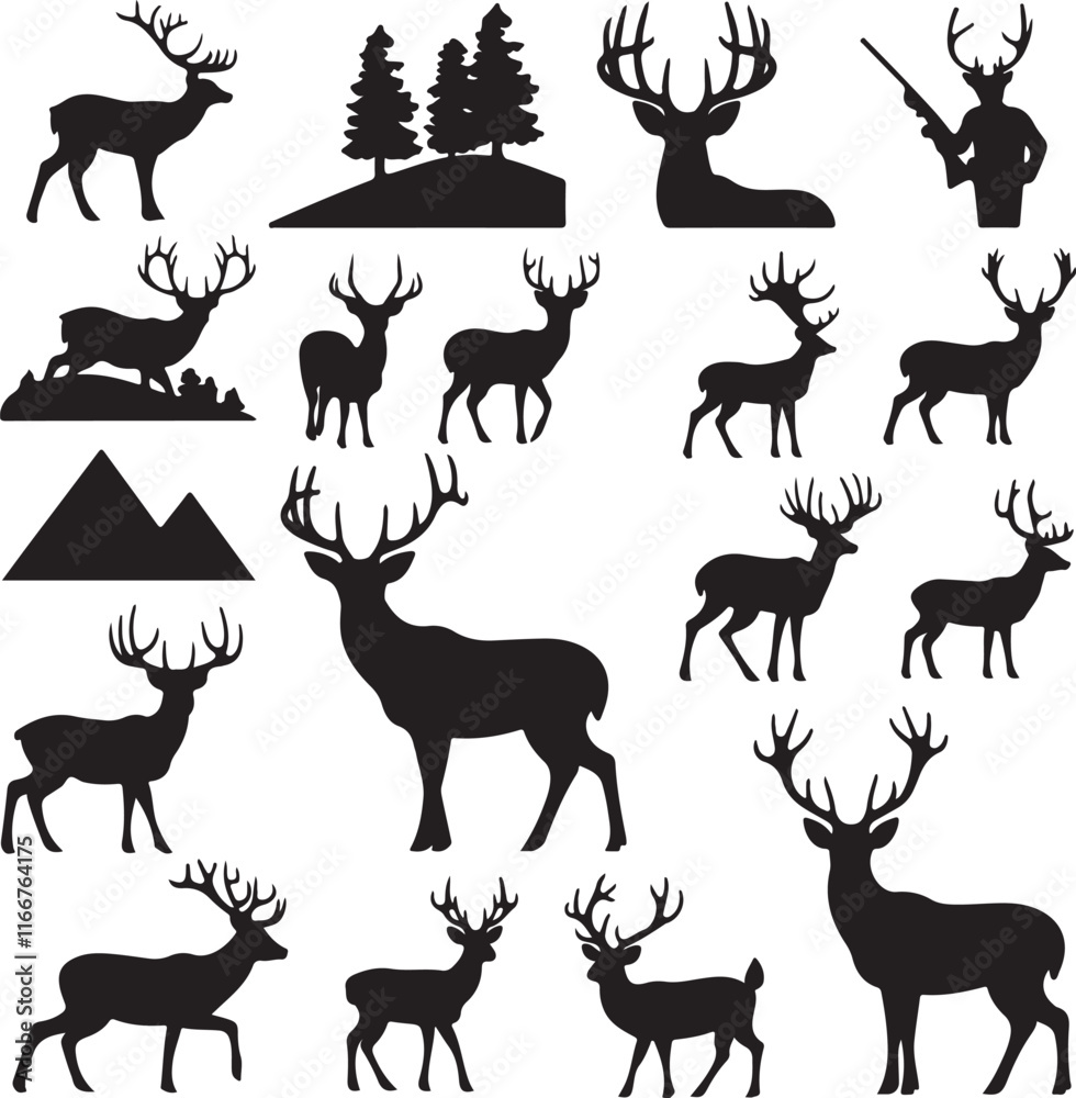 Fototapeta premium Deer silhouette vector set, Collection of reindeer silhouette isolated on white background. vector illustration