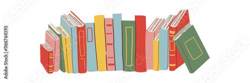 Cute colorful book collection. Set of different stacks and piles of books, open and closed books. Educational theme, scientific and fiction literature. Vector illustration isolated on white background