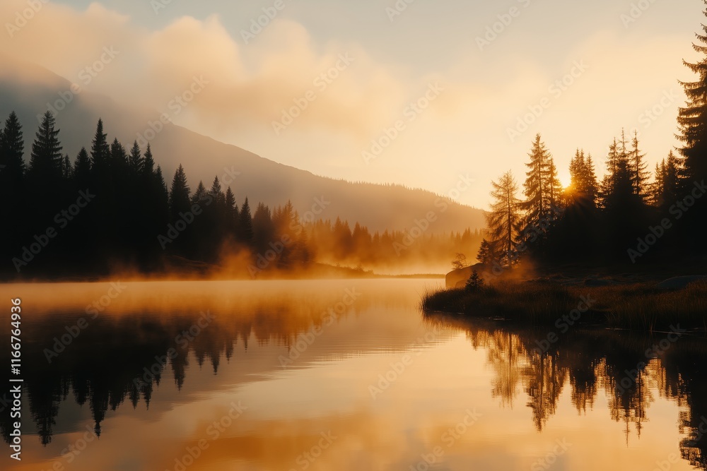 Fototapeta premium Lake nestled in the mountains of Tatra National Park at sunrise in Poland