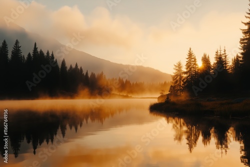 Fototapeta Naklejka Na Ścianę i Meble -  Lake nestled in the mountains of Tatra National Park at sunrise in Poland