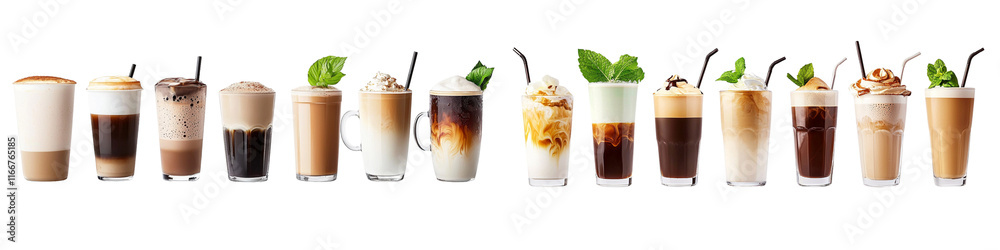A row of coffee cups with different flavors and toppings A row of coffee cups with different flavors and toppings