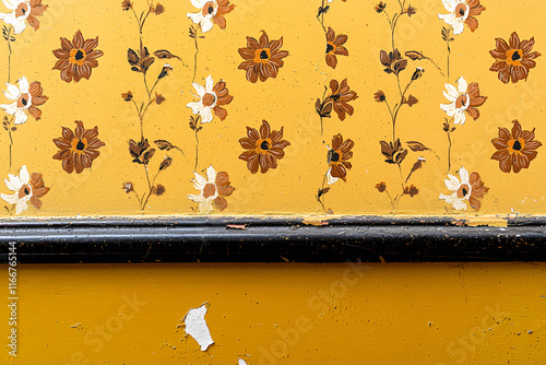 retro wallpapered wall featuring mustard yellow and brown floral patterns, showcasing peeling paint and vintage aesthetic. design evokes nostalgia and charm photo