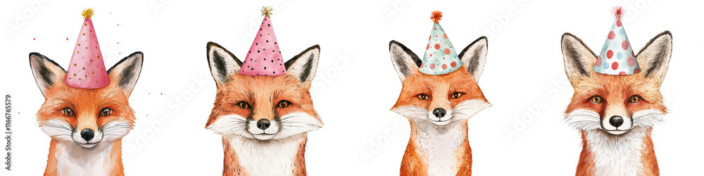 Obraz premium Charming Foxes Celebrate with Festive Party Hats in Whimsical Woodland Scene Adorable orange foxes wearing colorful party hats pose in a natural forest setting