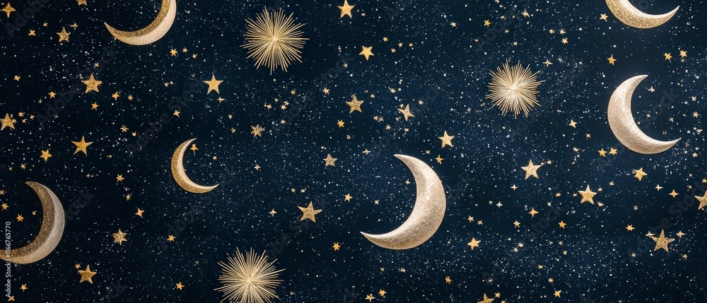 Naklejka premium Celestial Night Gold Moons Stars Sunbursts on Dark Blue