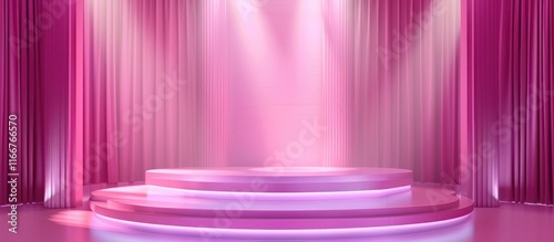 Empty pink stage with bright spotlight and elegant curtain backdrop perfect for fashion show concert theater performance or other elegant events and displays  Blank studio or scene with copy space