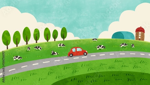 乳牛とサイロの風景　ドライブする赤い車　水彩風手描きイラスト