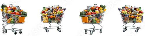 Four shopping carts filled with fruits and vegetables