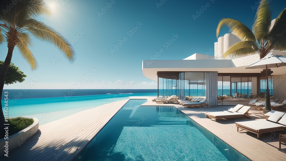 Obraz premium Sun loungers on the sun terrace by the pool with panoramic views of the beach. Modern beach hotel with panoramic sea views.