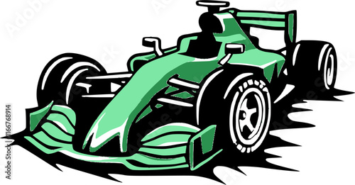 Front isometric view of a green formula 1 car vector icon isolated on a transparent background.