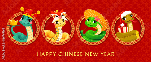 Snakes collage on Chinese Lunar New Year banner with asian calendar zodiac animal characters. Cartoon funny snake vector personages with New Year holiday dragon mask, emperor hat, umbrella and gift