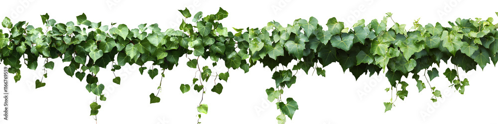 A vine with green leaves is growing on a white background
