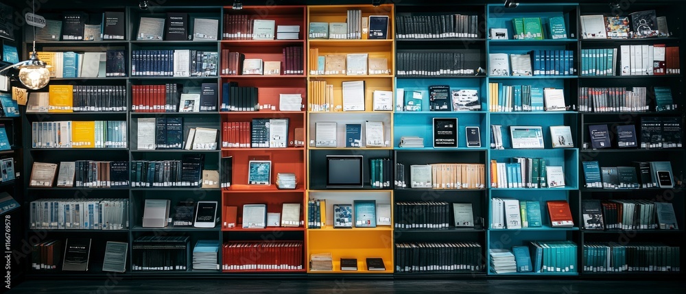Colorful Bookshelves with Books Tablets Laptops Digital Library Colorful Bookshelves with Books Tablets Laptops Digital Library