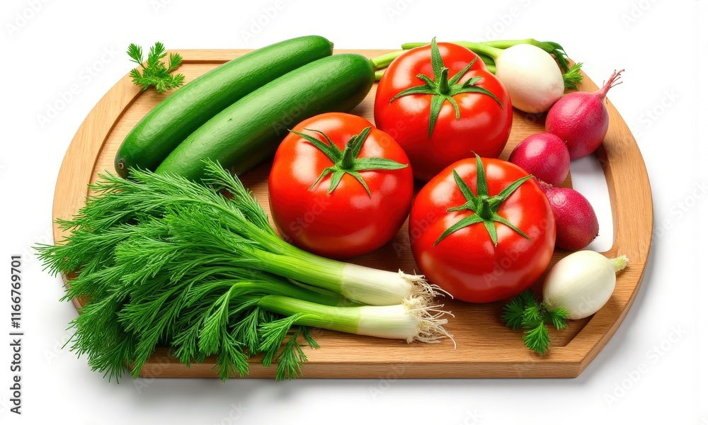 Vegetables: cucumbers, tomatoes, radishes, dill on a wooden board Vegetables: cucumbers, tomatoes, radishes, dill on a wooden board