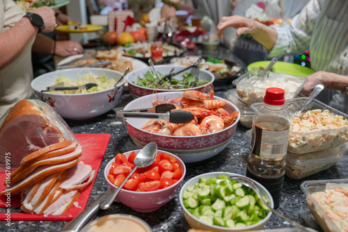 Christmas lunch, Australia family food celebration, seafood prawns salad buffet, authentic home celebration