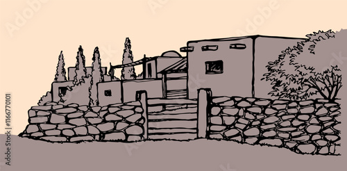 Vector drawing. Old arabic village