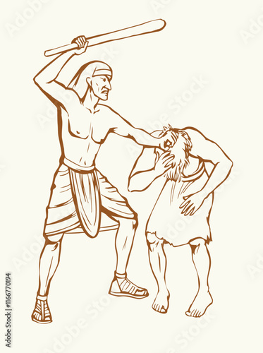 Vector drawing. A soldier beating a slave