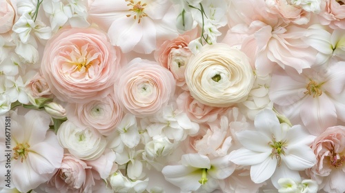 A soft floral setup with light pink ranunculus and creamy white lilies, exuding timeless elegance