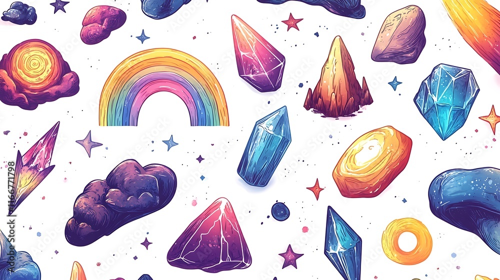 Naklejka premium Colorful celestial patterns and crystals in whimsical fantasy art