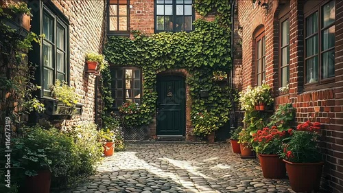 Charming Brick Courtyard Embraced by Lush Green Vines and Vibrant Flowers: A Serene Retreat in a Hidden Urban Oasis
