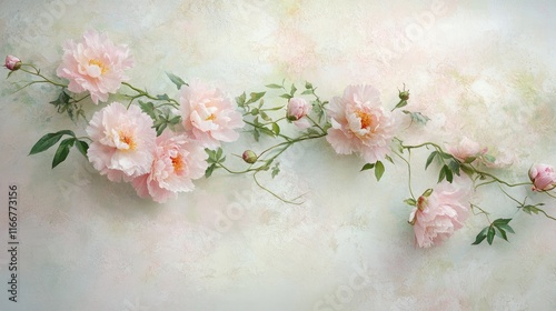 A delicate floral setup with soft pink peonies and light green sprigs, exuding freshness and beauty