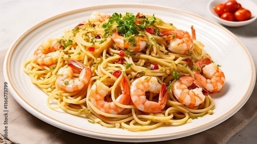 spaghetti with shrimp and garlic isolated spaghetti with shrimp and garlic isolated