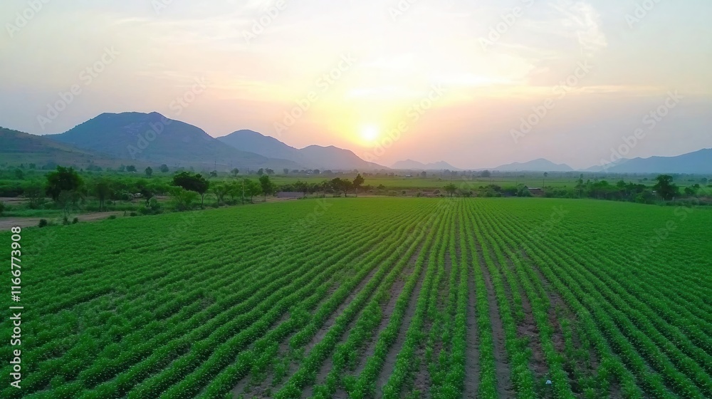 Scenic View of Lush Green Crop Field Under a Golden Sunset in Rural Landscape Scenic View of Lush Green Crop Field Under a Golden Sunset in Rural Landscape