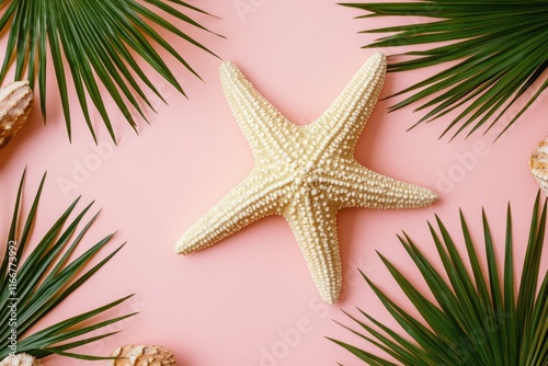 Starfish with Palm Leaves on Pink Background photo