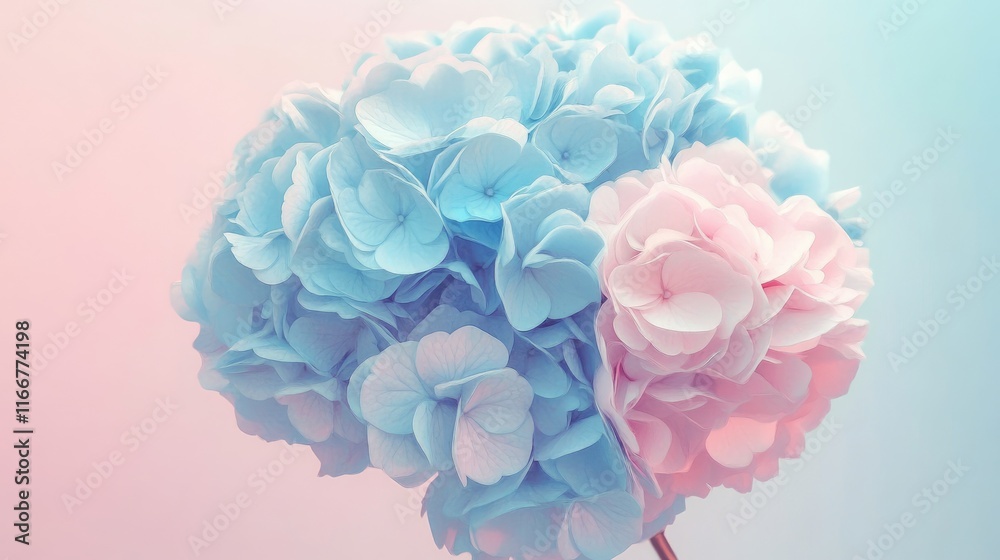 Fototapeta premium A serene bouquet of baby blue hydrangeas and soft pink ranunculus, creating a delicate, calming mood