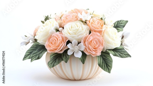 A pastel-toned arrangement with peach roses and ivory peonies, perfect for premium cosmetic design
