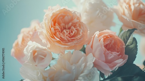 A pastel-toned arrangement with peach roses and ivory peonies, perfect for premium cosmetic design