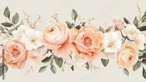 A pastel-toned arrangement with peach roses and ivory peonies, perfect for premium cosmetic design