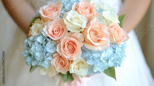 A serene pastel-toned bouquet with peach roses and baby blue hydrangeas, perfect for natural cosmetic design