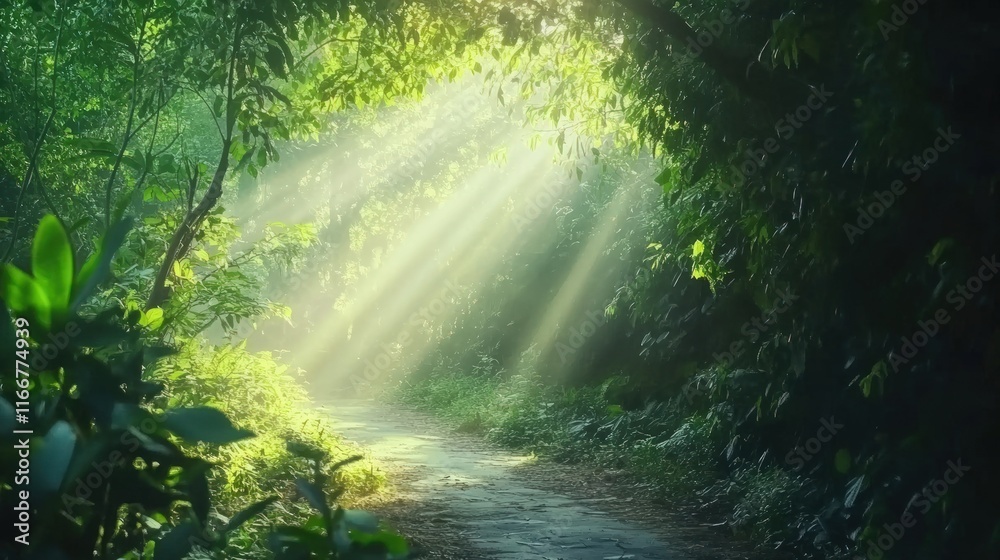 Obraz premium Sunbeams Illuminating a Mystical Forest Path