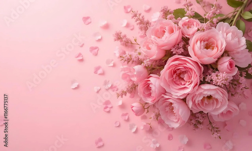 Background A bouquet of pink roses and small flowers on a pink background with scattered petals, creating a soft and romantic atmosphere.