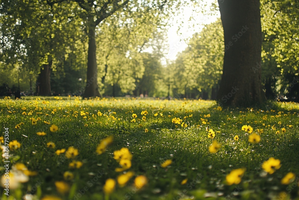 Obraz premium Lush Green Park with Sunlight and Vibrant Yellow Flowers in Tranquil Nature Setting