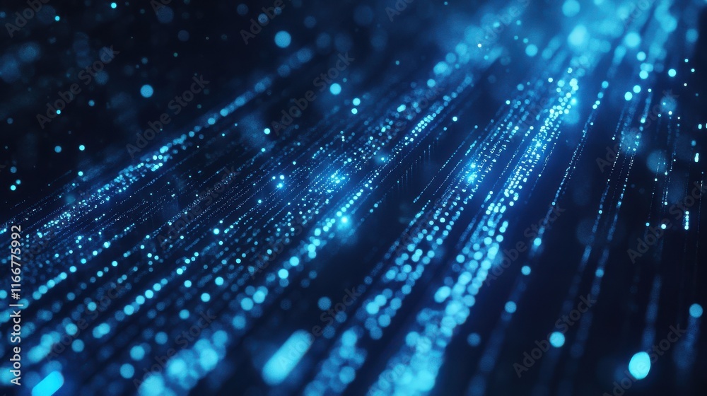 Obraz premium Blue binary code background with glowing lights and data flowing, technology concept