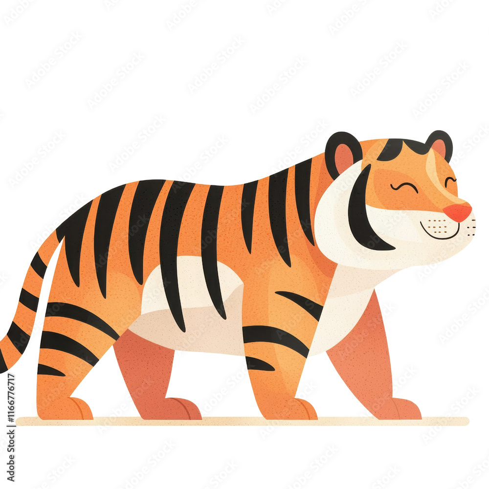 Obraz premium A stylized tiger with bold orange and black stripes, walking confidently with a cheerful expression.